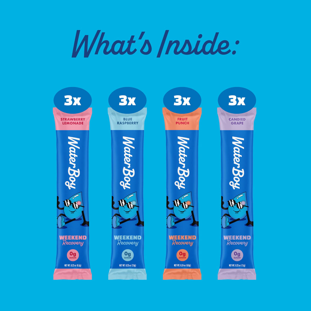 Waterboy Weekend Recovery sticks pack with individual sachets for quick hydration