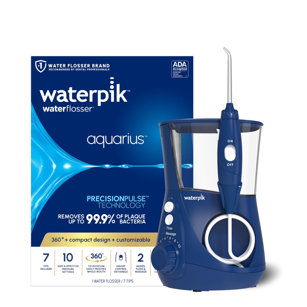 Front view of Waterpik Aquarius WP-663 blue water flosser