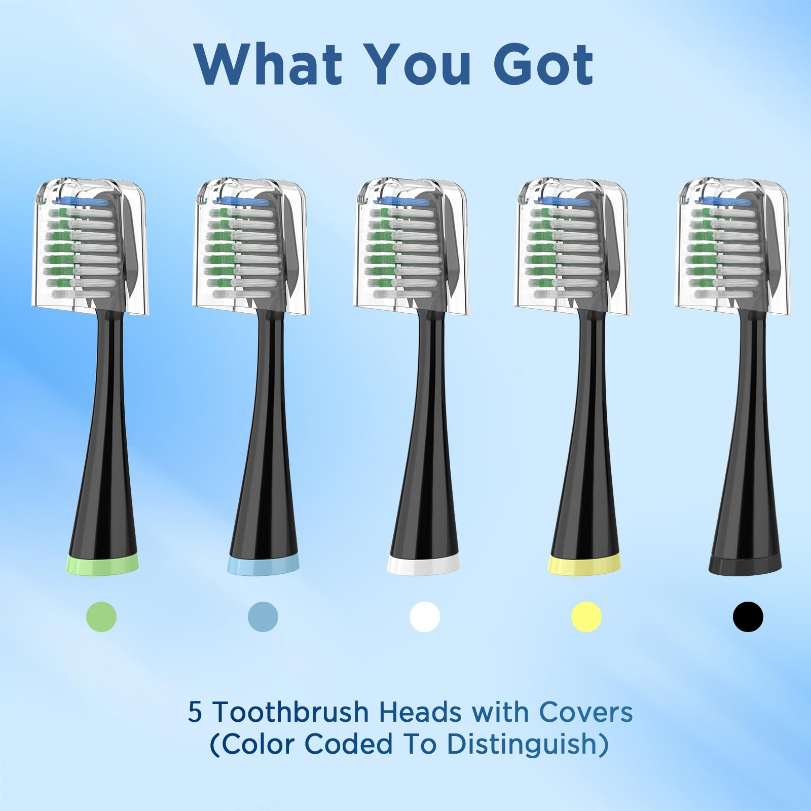 Color-coded Waterpik replacement heads with covers