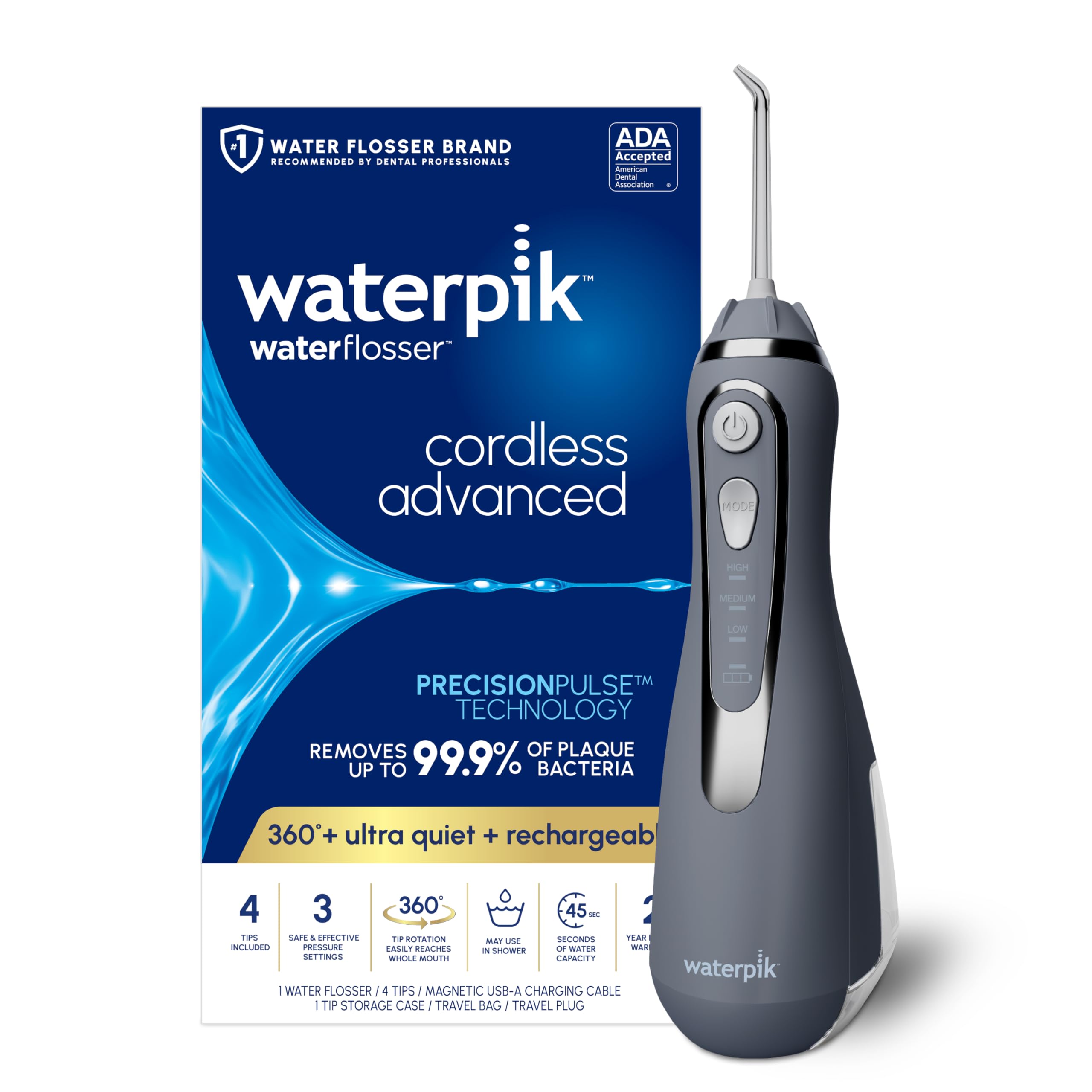 Waterpik Cordless Advanced 2.0 water flosser in gray, front view