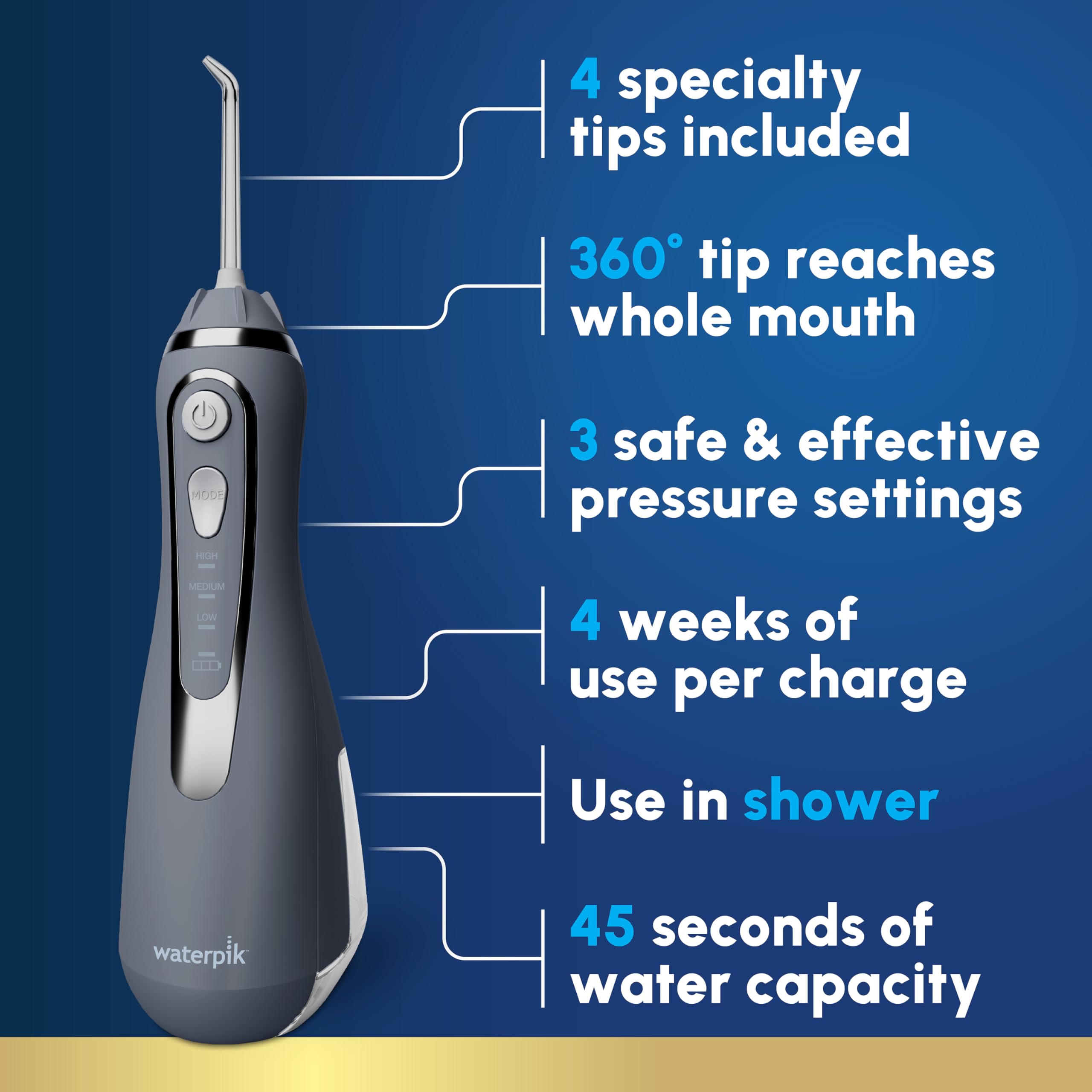 Waterpik Cordless Advanced 2.0 water flosser gray, side view
