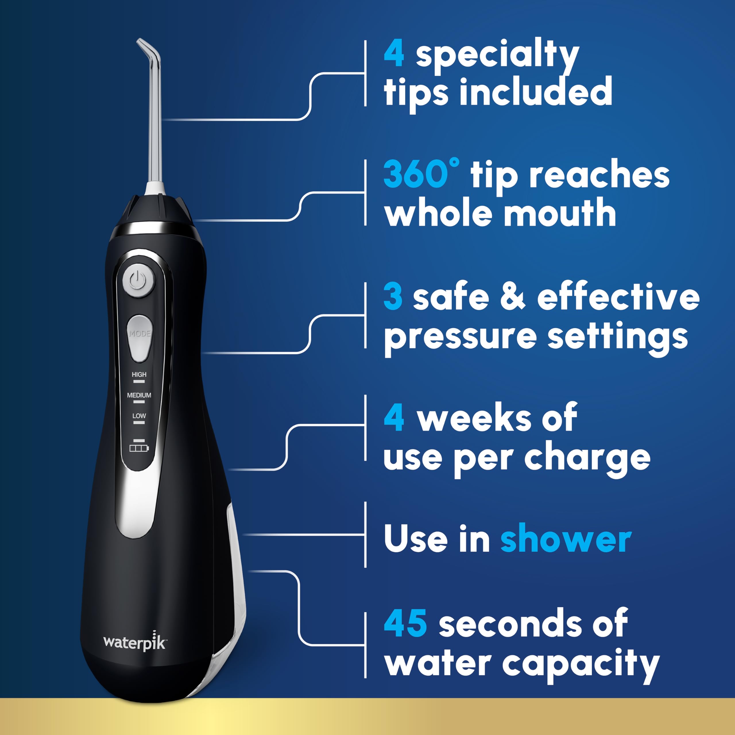 Side view of Waterpik Cordless Advanced 2.0 WP-582