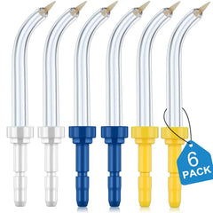 Six-pack Waterpik flosser jet tips in blue, white, and yellow color coding
