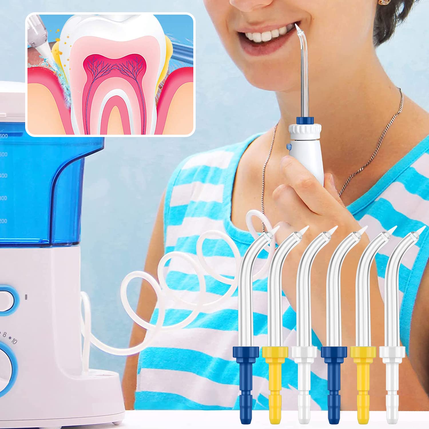 Color-coded Waterpik flossing tips in assorted colors