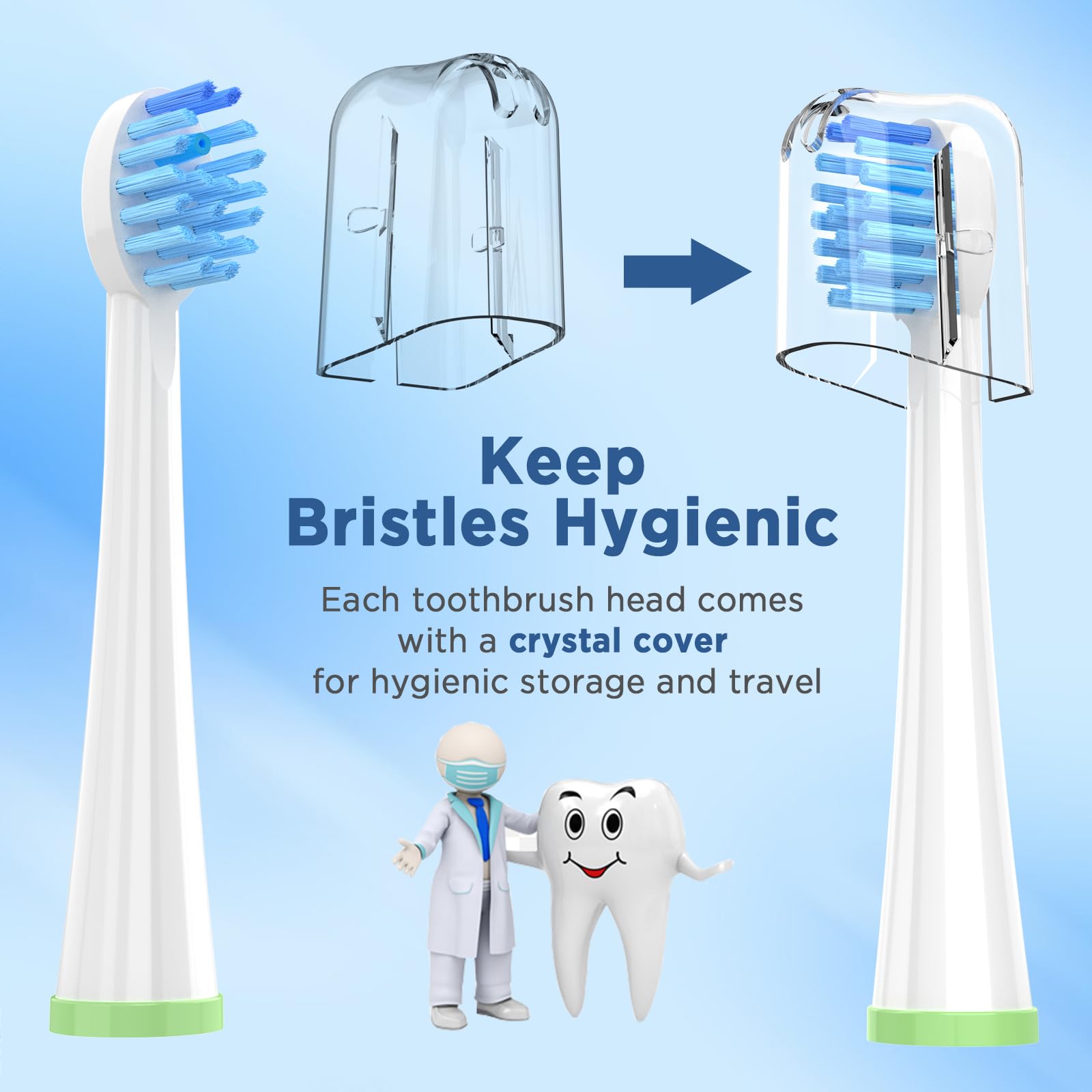 Color-coded Waterpik replacement heads with covers