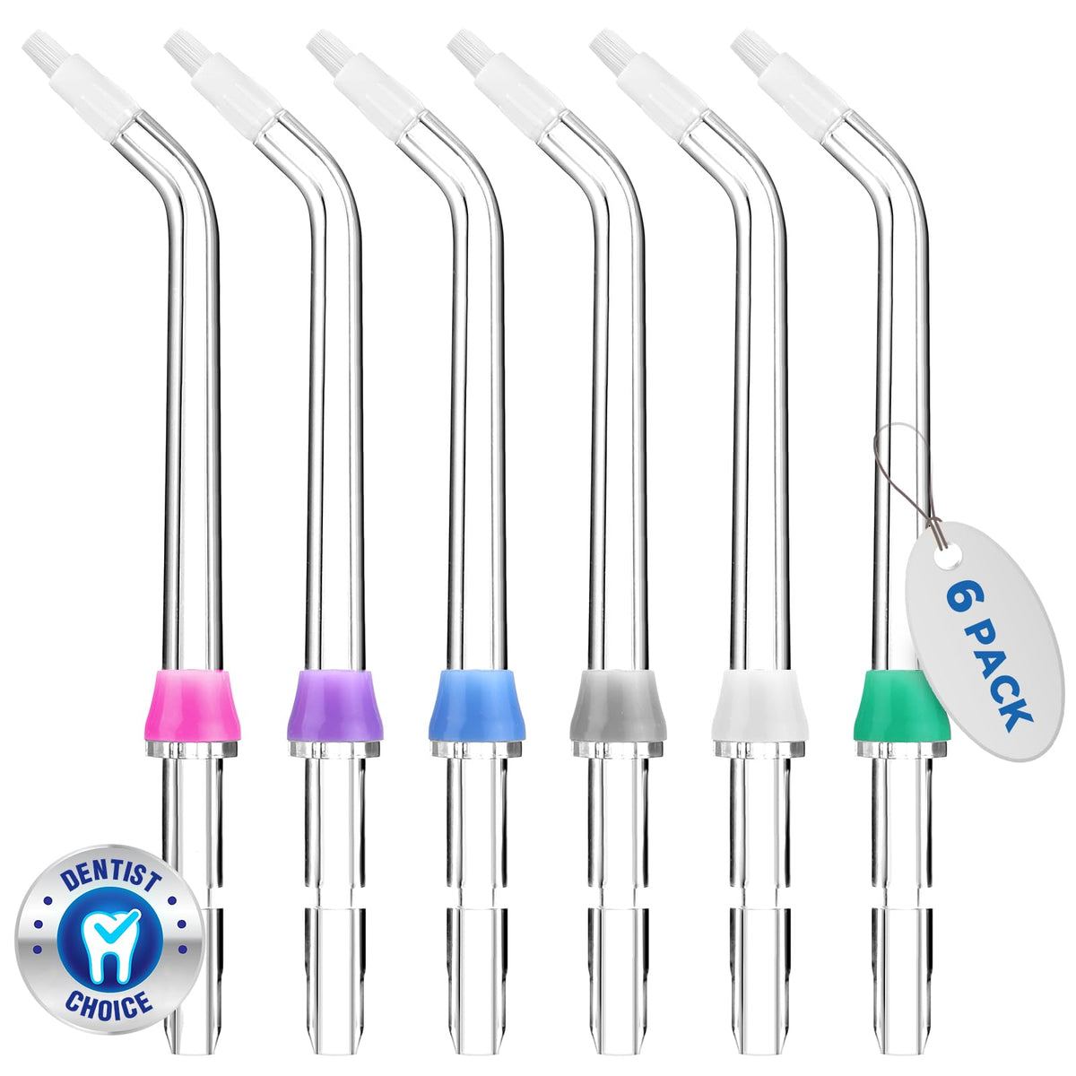 Six color-coded Waterpik replacement heads included in the set