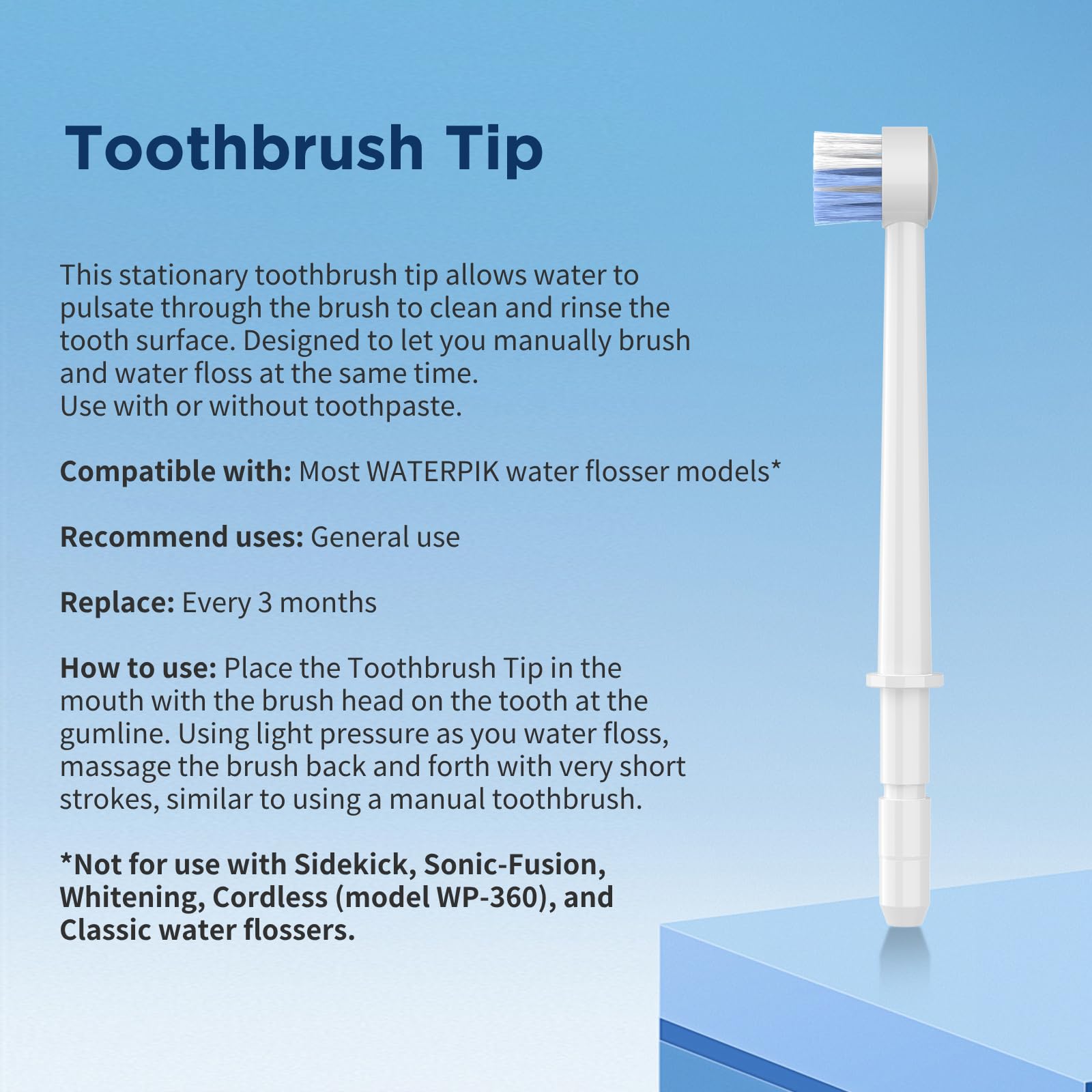 Six Waterpik toothbrush tips close-up