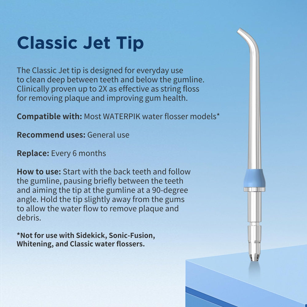 8 tip types shown: Classic Jet, Orthodontic, Periodontal, Plaque Chaser
