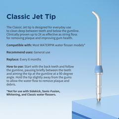 8 tip types shown: Classic Jet, Orthodontic, Periodontal, Plaque Chaser