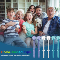 Color-coded tips to distinguish family members.