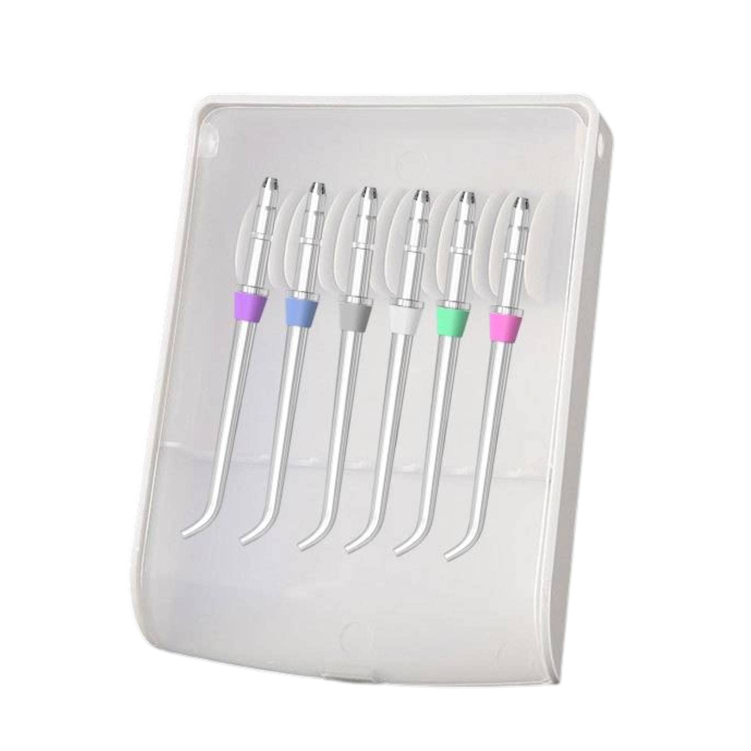 Six Classic Jet Tips Water Flosser replacement heads in a storage case, compatible with Waterpik WP-series (JT-100E).