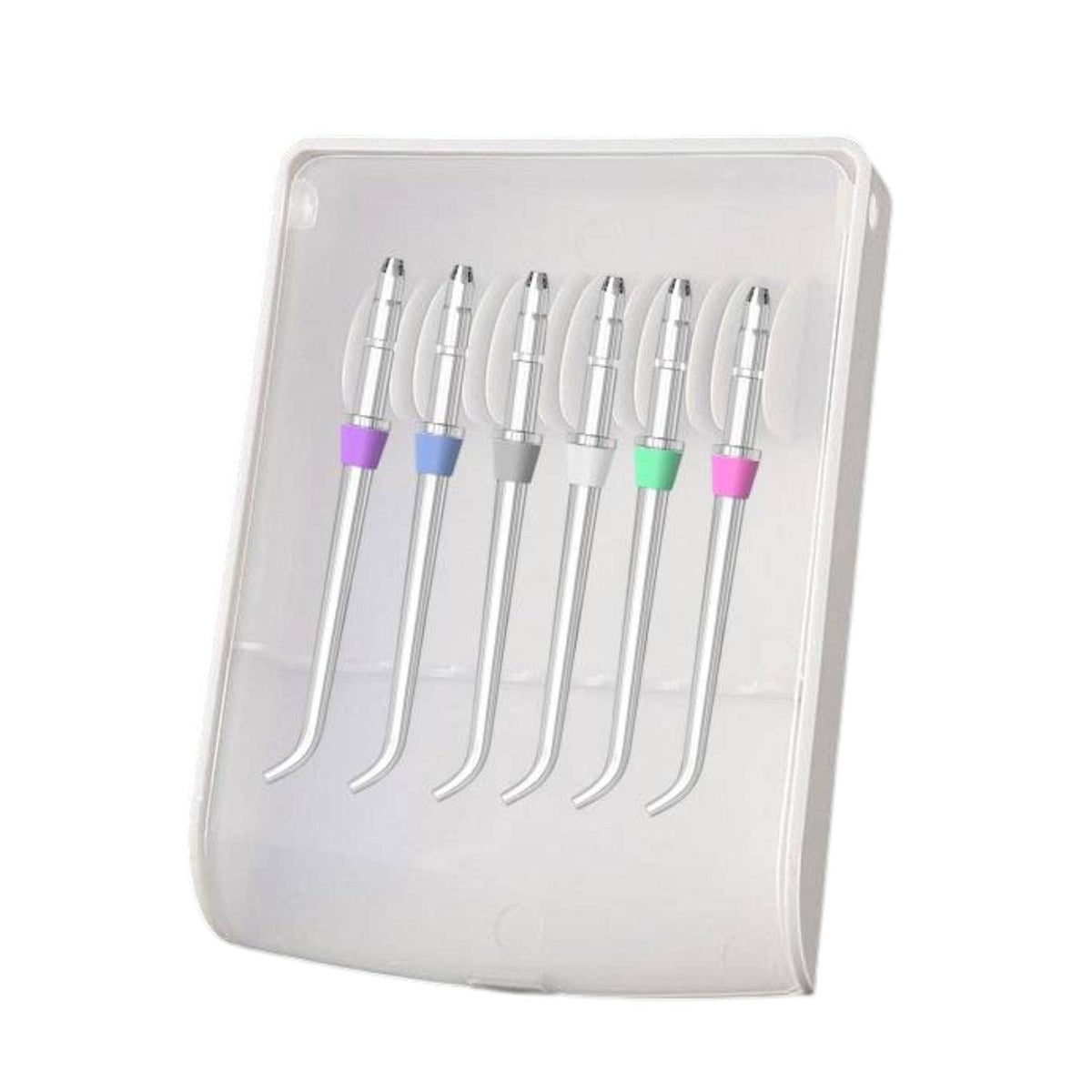 Six Classic Jet Tips Water Flosser replacement heads in a storage case, compatible with Waterpik WP-series (JT-100E).