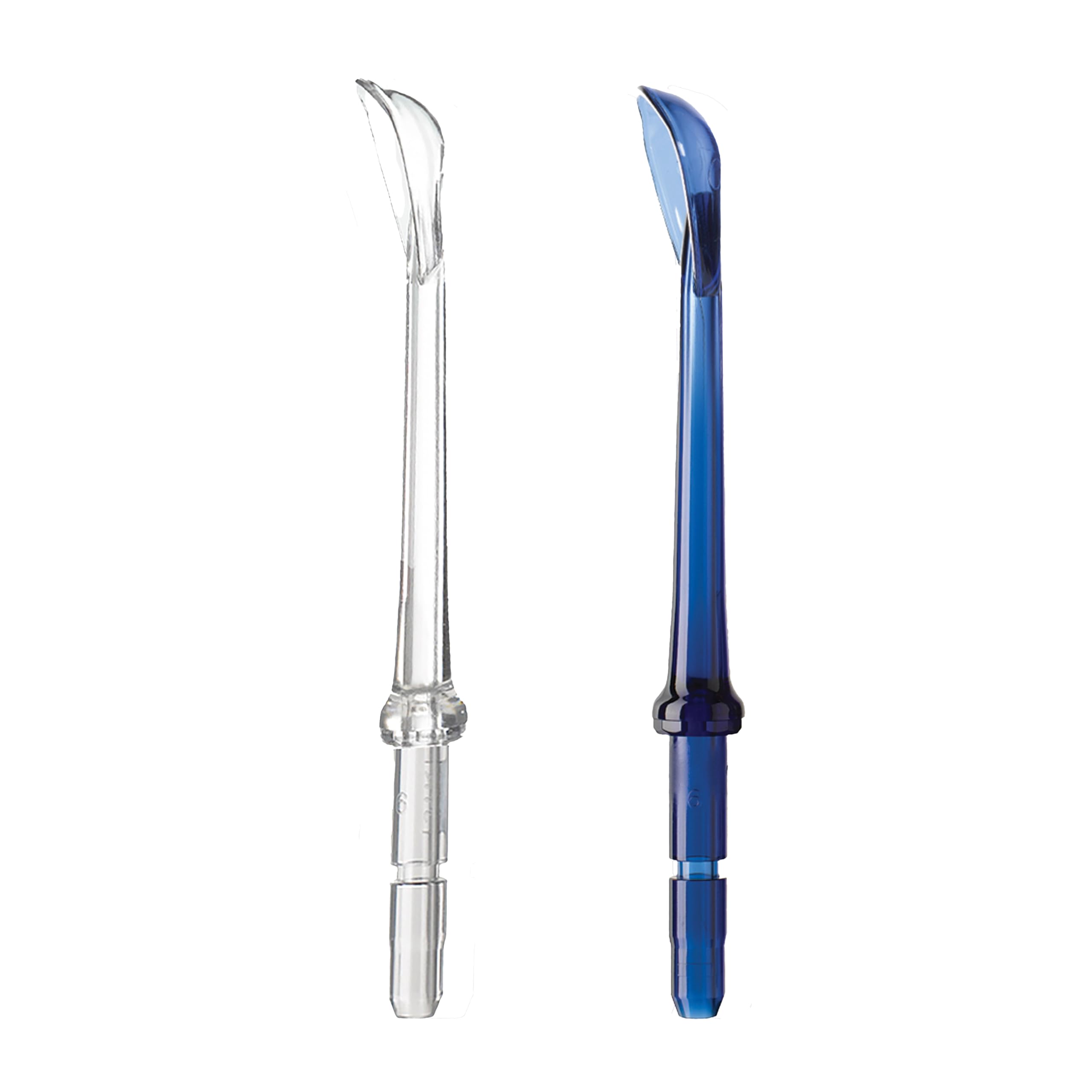 Two color-coded Waterpik tongue cleaner tips in packaging