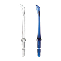 Two color-coded Waterpik tongue cleaner tips in packaging