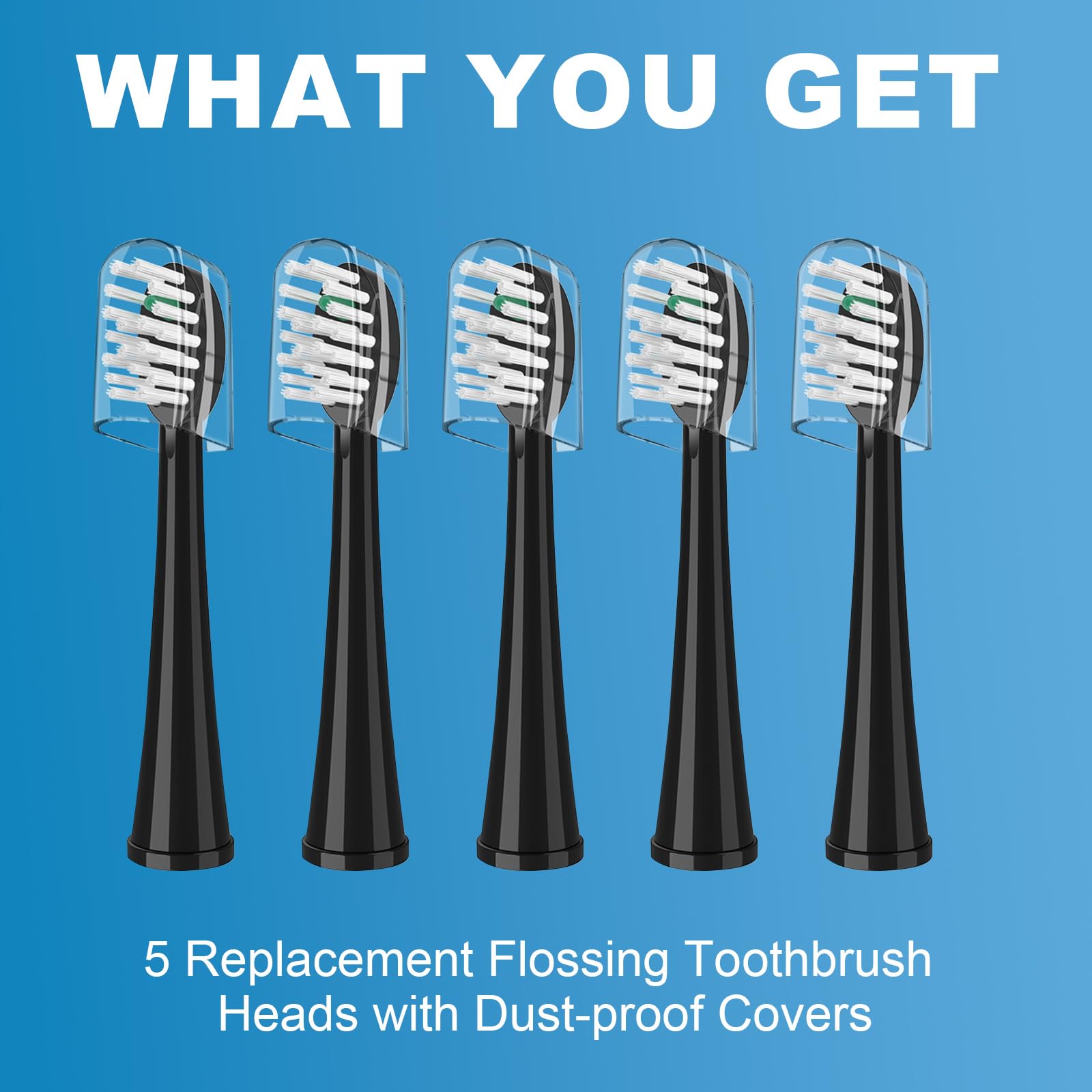 Five replacement brush heads with covers in a compact box