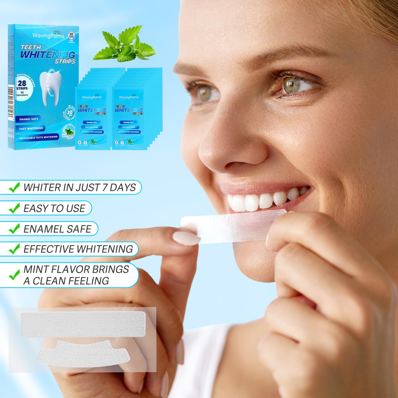 Whitening strips applied to teeth during treatment