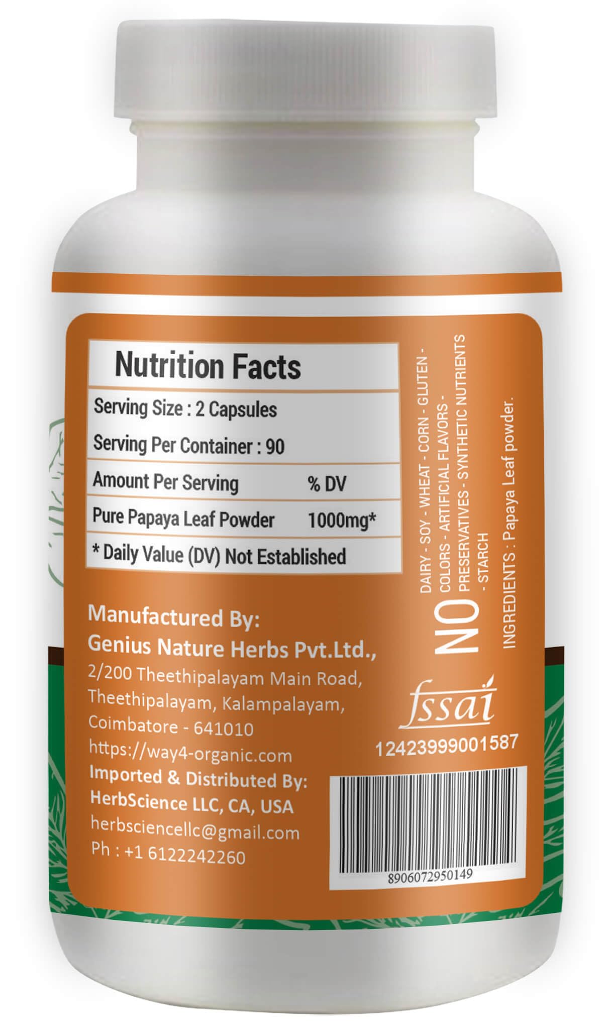 Front view of WAY 4 Organic Papaya Leaf Extract Capsules bottle with label