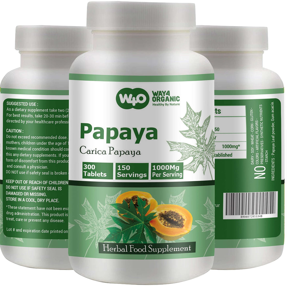 Bottle label: WAY 4 Organic W4O Papaya Leaf Extract Capsules (Tablets)