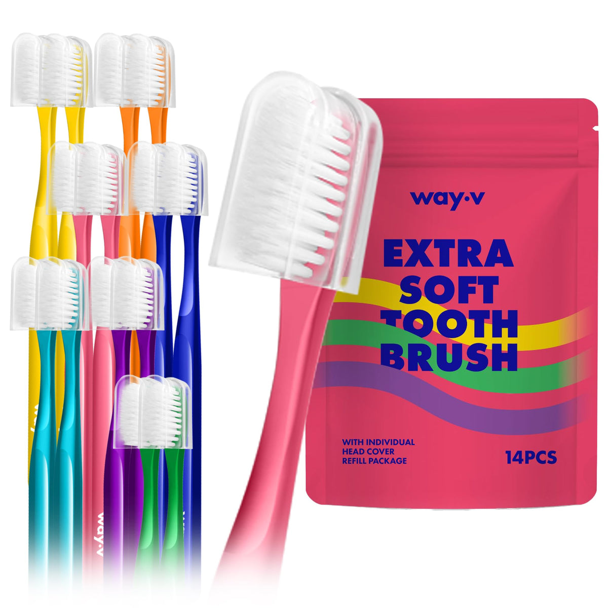 Hero image of WAY.V Extra Soft Toothbrush Refill 14-count in Pink with individual head covers