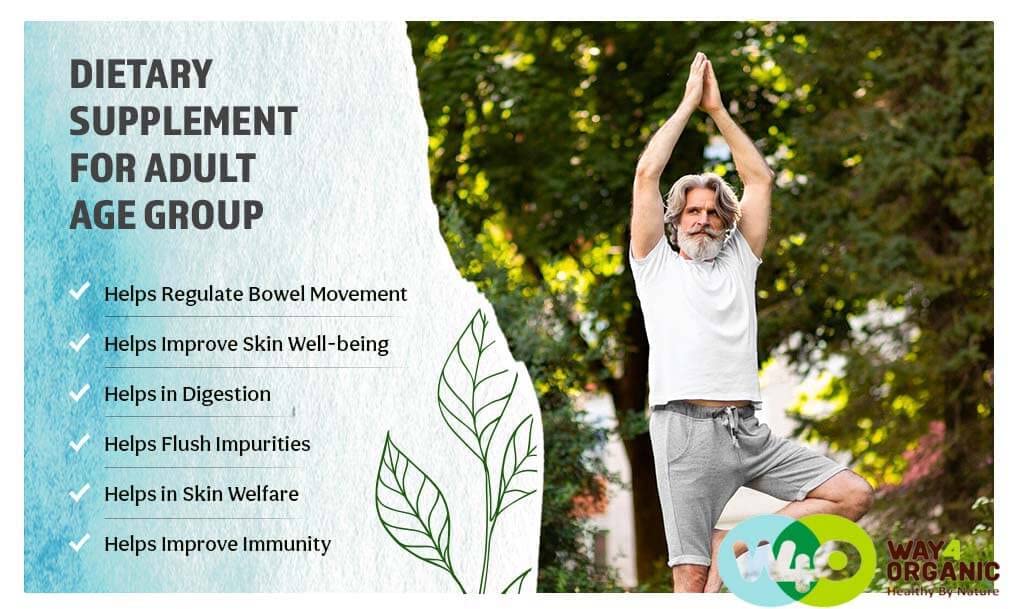 WAY 4 ORGANIC W4O Haritaki dosage guide showing daily two-tablet use.