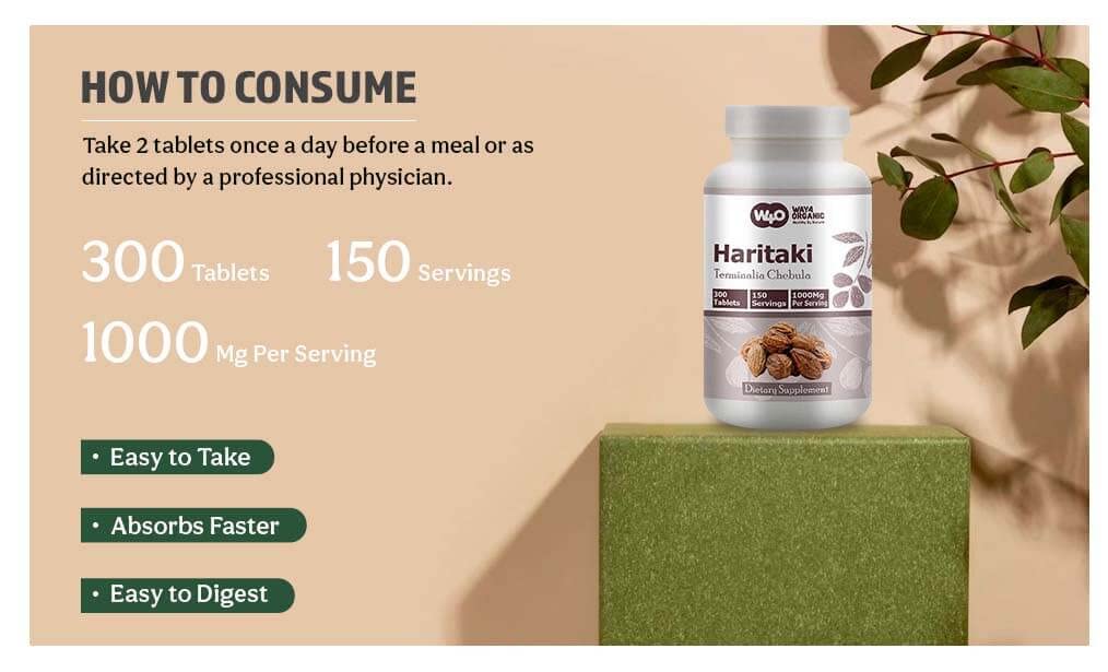 WAY 4 ORGANIC W4O Haritaki vegan and dairy-free label near bottle.