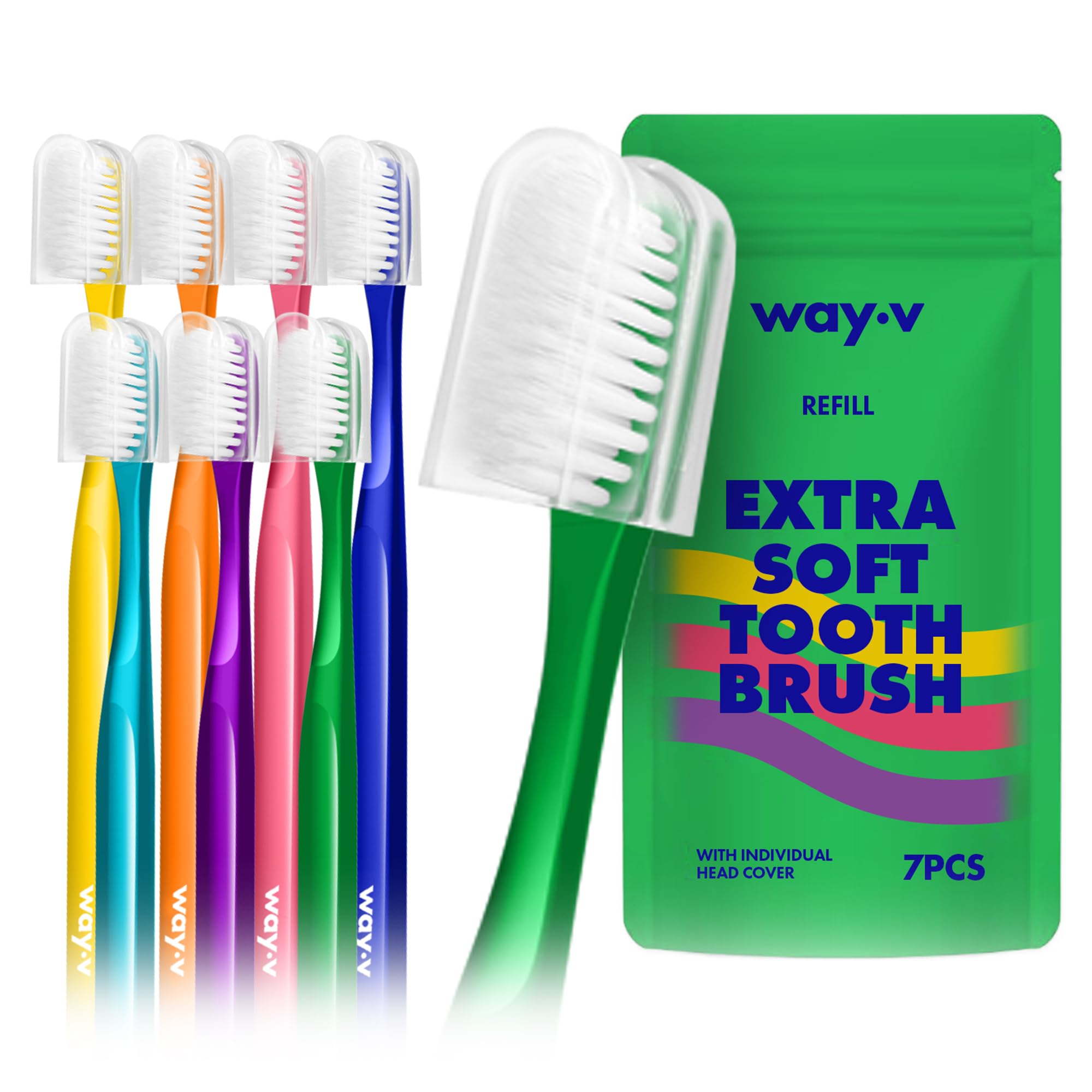 WAY.V Extra Soft Toothbrush Refill 7-pack with green handles and individual head covers