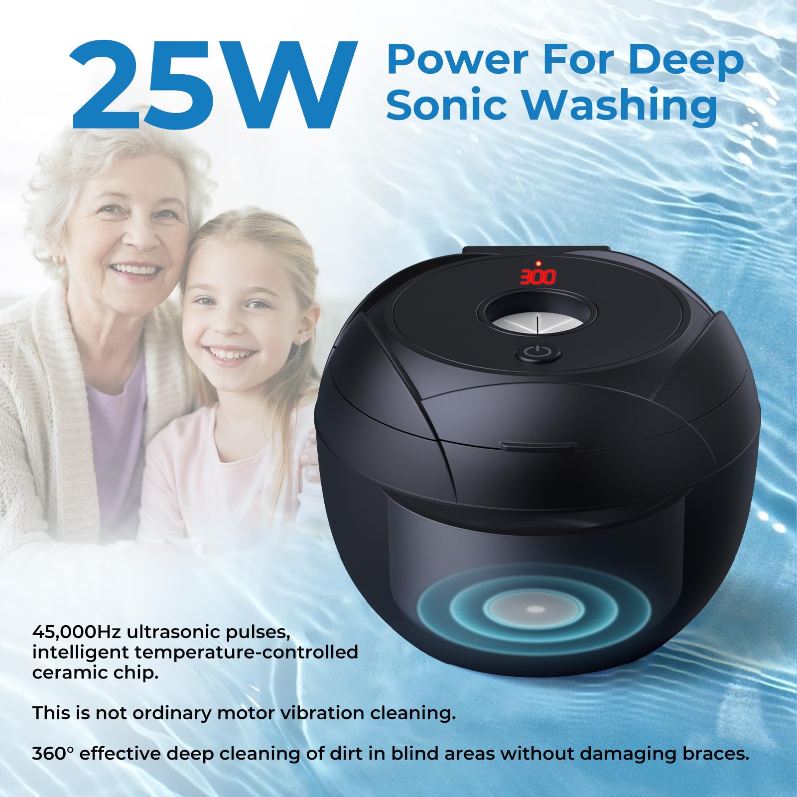 Device display showing cleaning modes: Ultrasonic + UV, Pulse + UV, Ultrasonic, Pure UV
