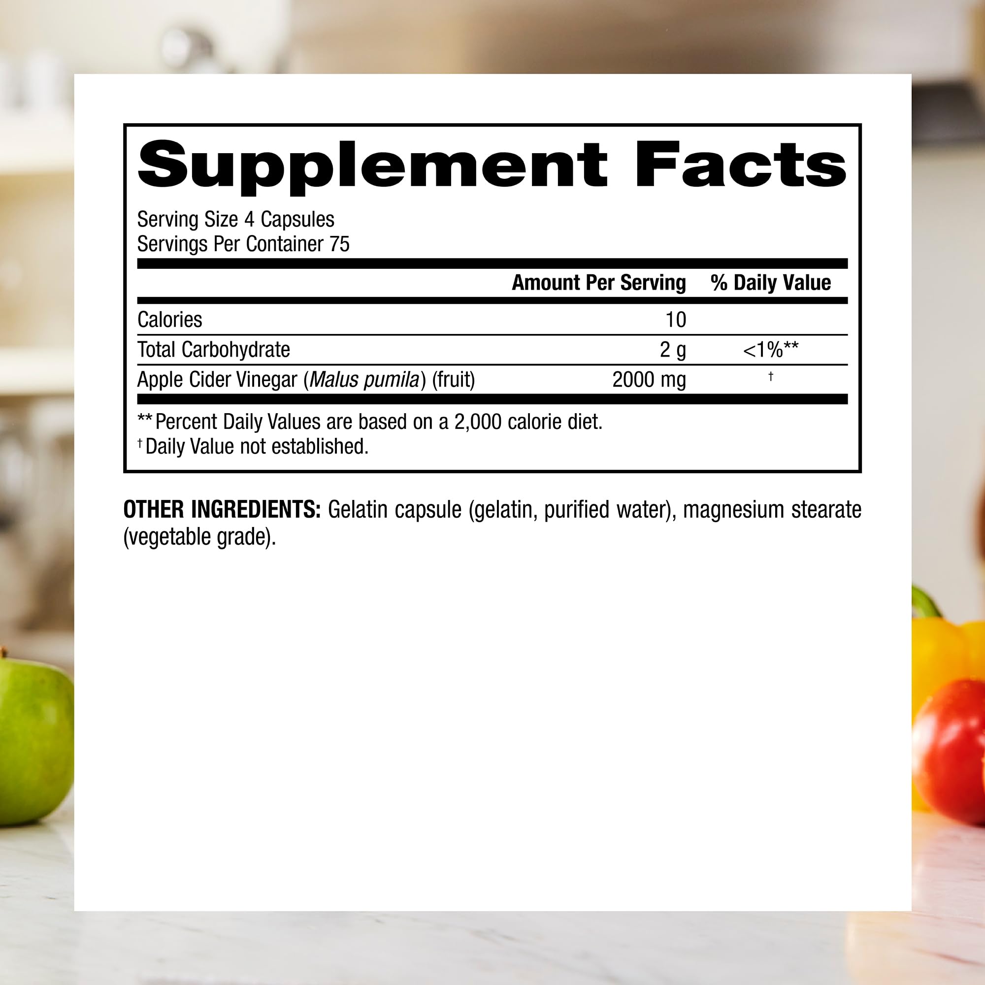 Close-up of 500 mg Apple Cider Vinegar capsules