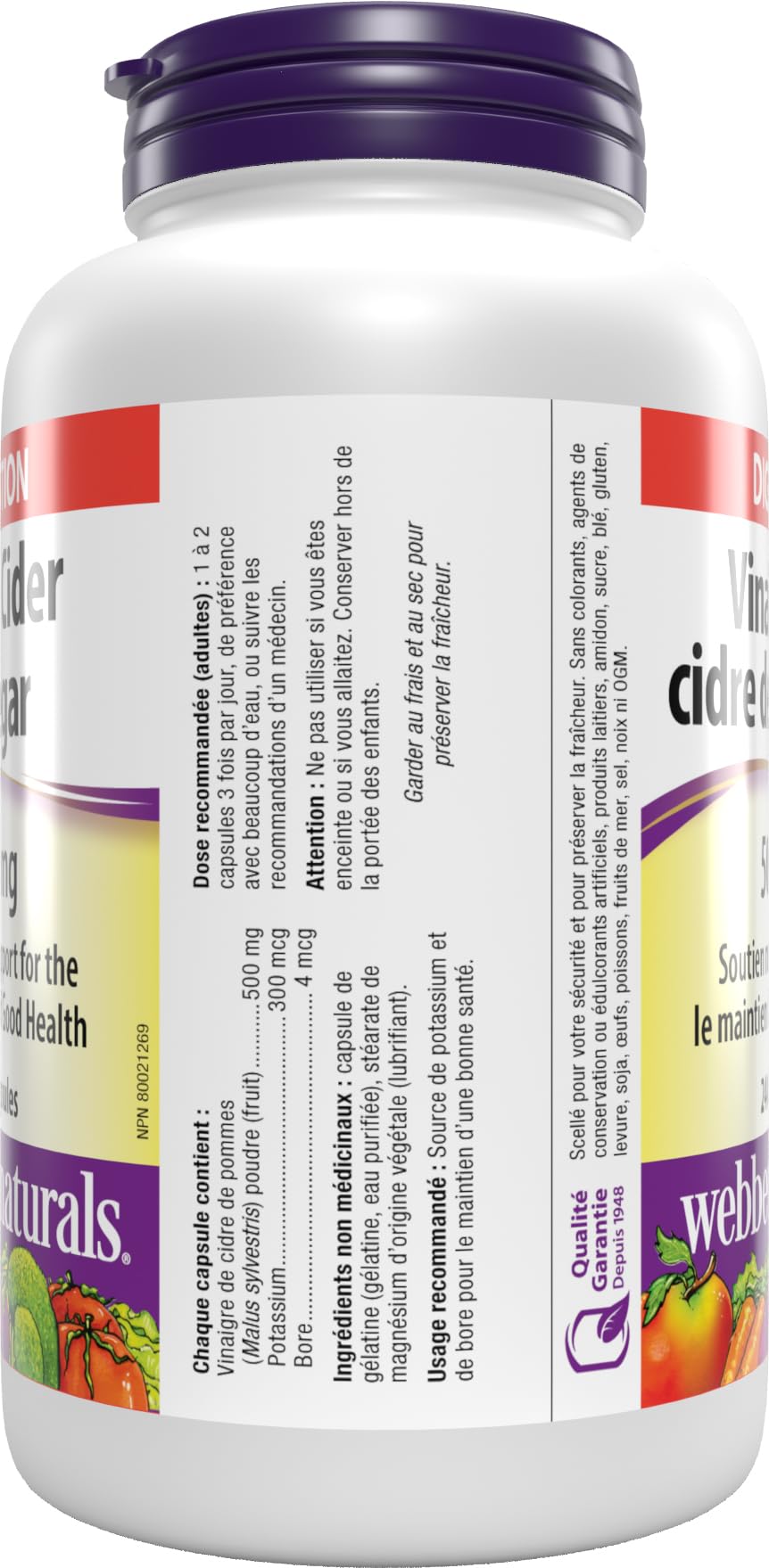 Webber Naturals bottle beside apple illustrating whole-apple source