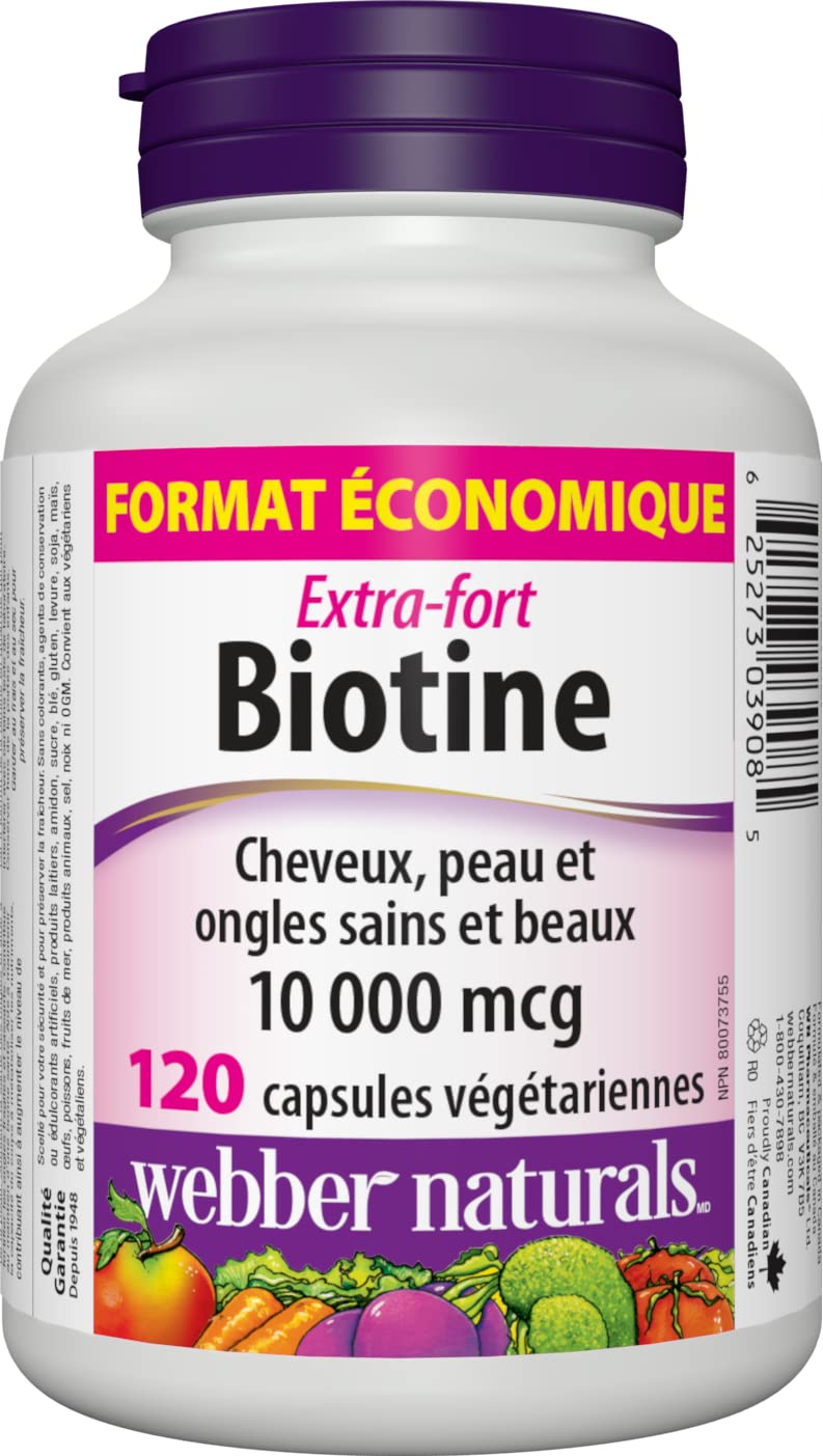 Close-up of Biotin 10,000 mcg label on bottle