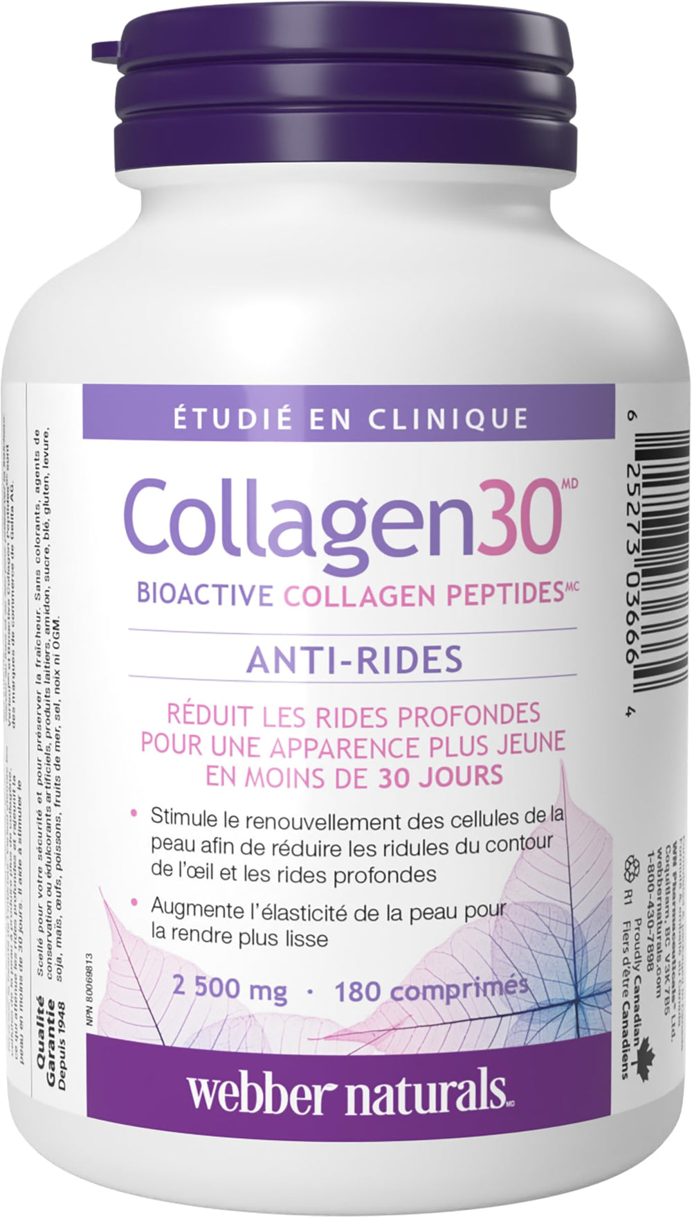 Back view of Webber Naturals Collagen30 bottle with label details