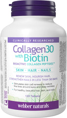 Front view of Webber Naturals Collagen30 with Biotin bottle, 120 tablets