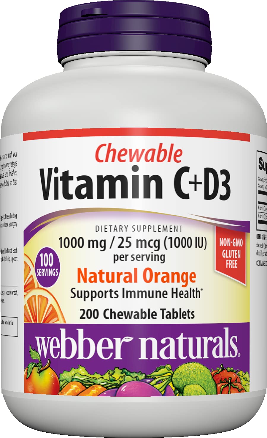 Bottle label of Webber Naturals Vitamin C+D3 chewable tablets