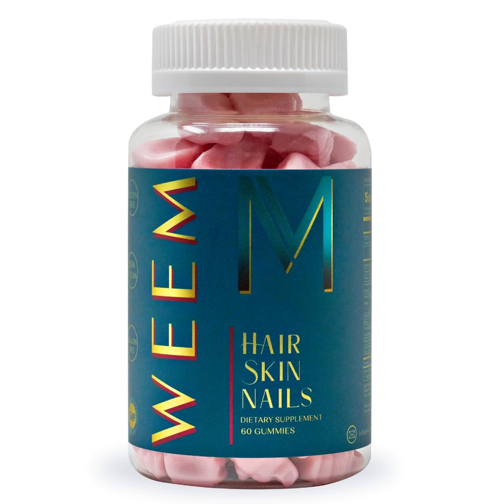 Bottle of WEEM Hair Skin and Nails Gummies with colorful gummies visible