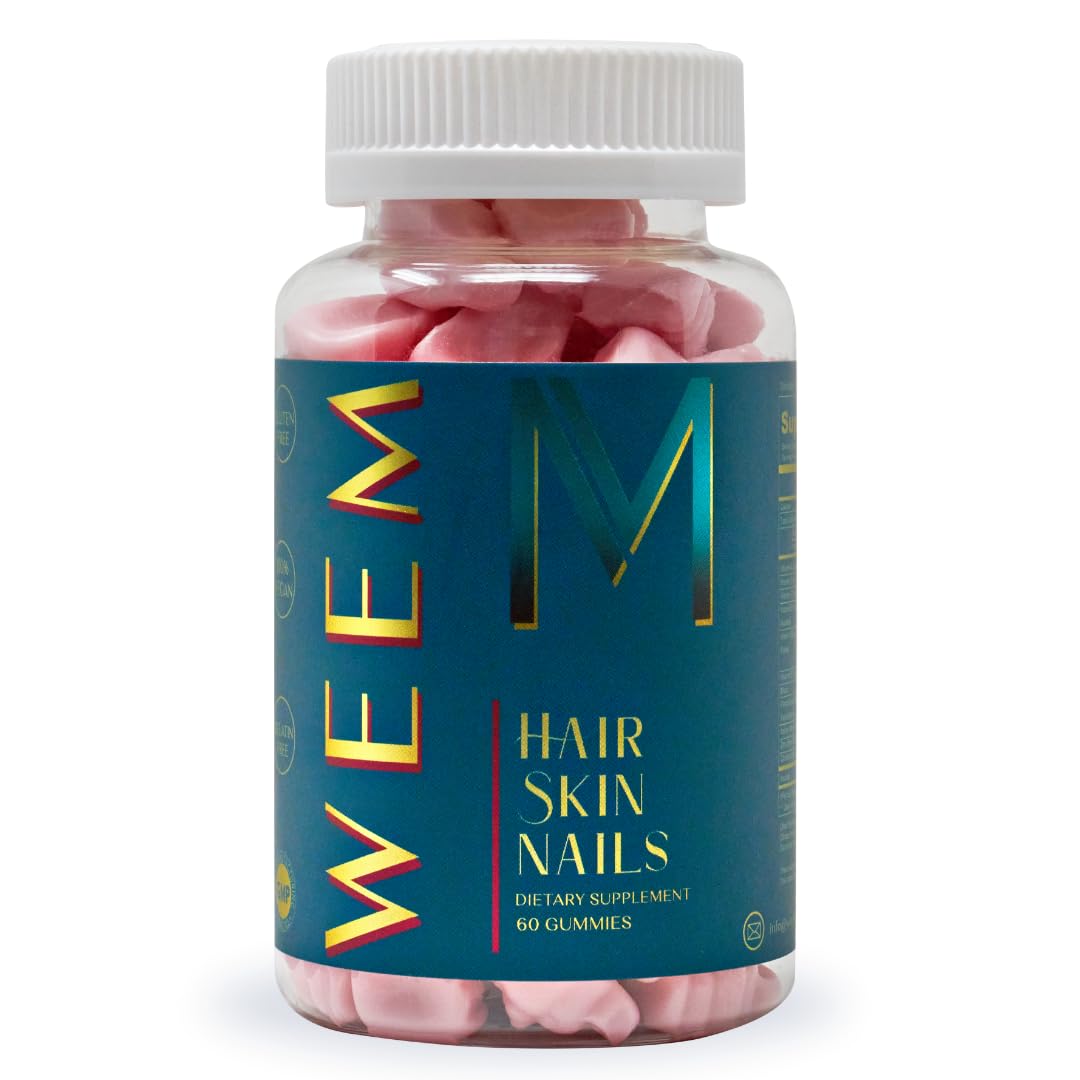 Bottle of WEEM Hair Skin and Nails Gummies with colorful gummies visible