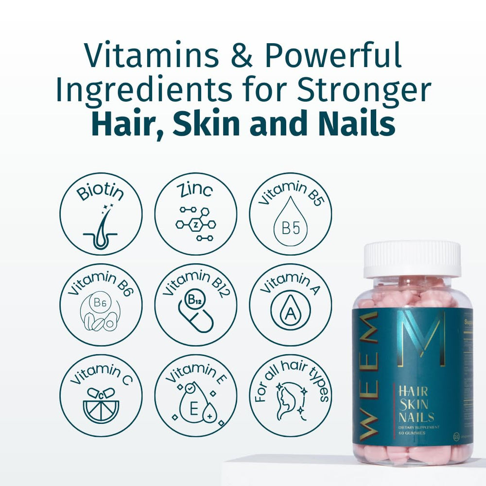 Vitamins and Biotin ingredients icons for WEEM Hair Skin and Nails Gummies