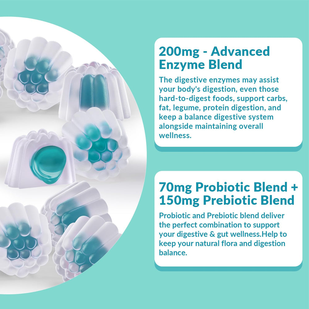 Digestive health infographic showing probiotics and enzymes