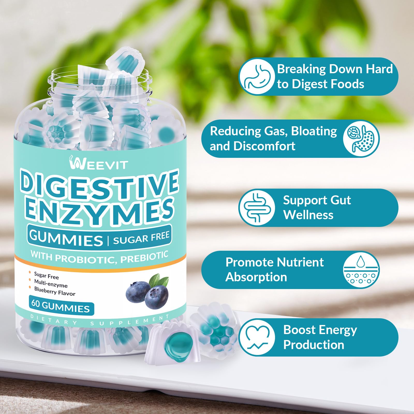 Product packaging and label of WEEVIT Digestive Enzymes Gummies