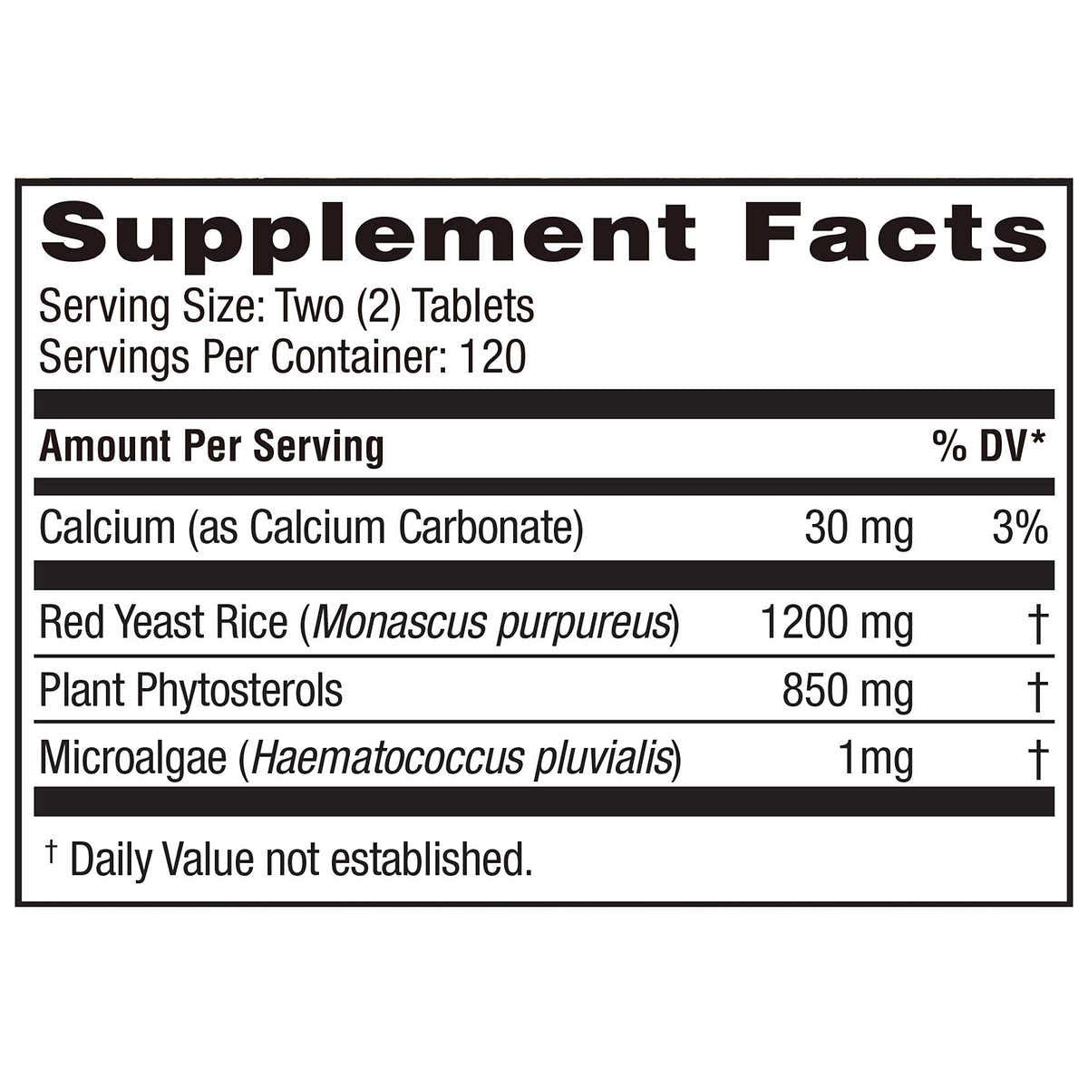 Label showing 1200 mg Red Yeast Rice per serving with Phytosterols
