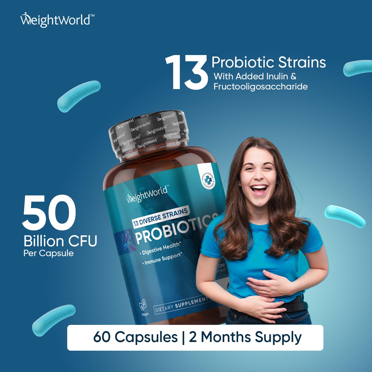 Close up of WeightWorld Probiotics bottle label showing 50B CFU