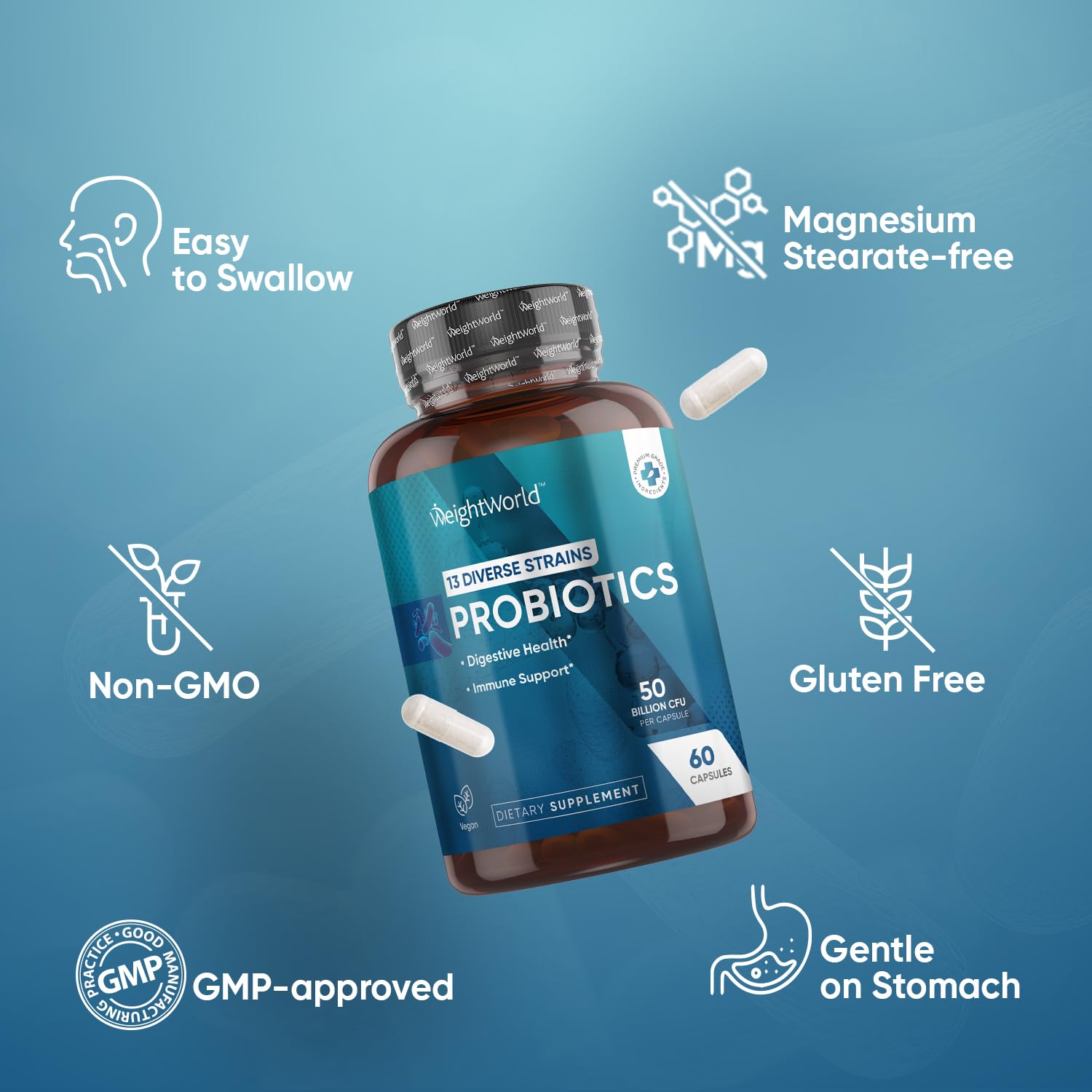 Probiotic bottle on white background with 60 capsules