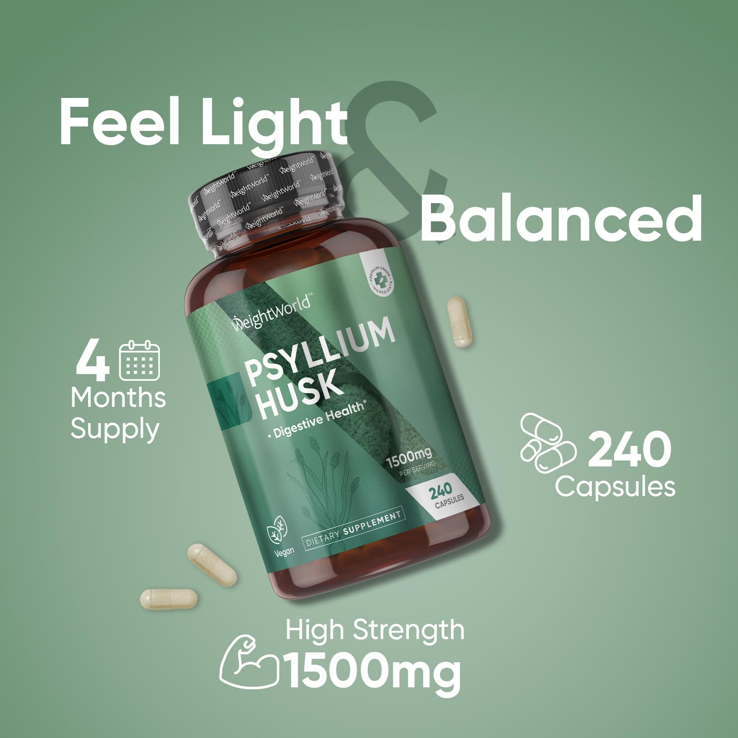 Close-up of each psyllium capsule showing 750mg per capsule