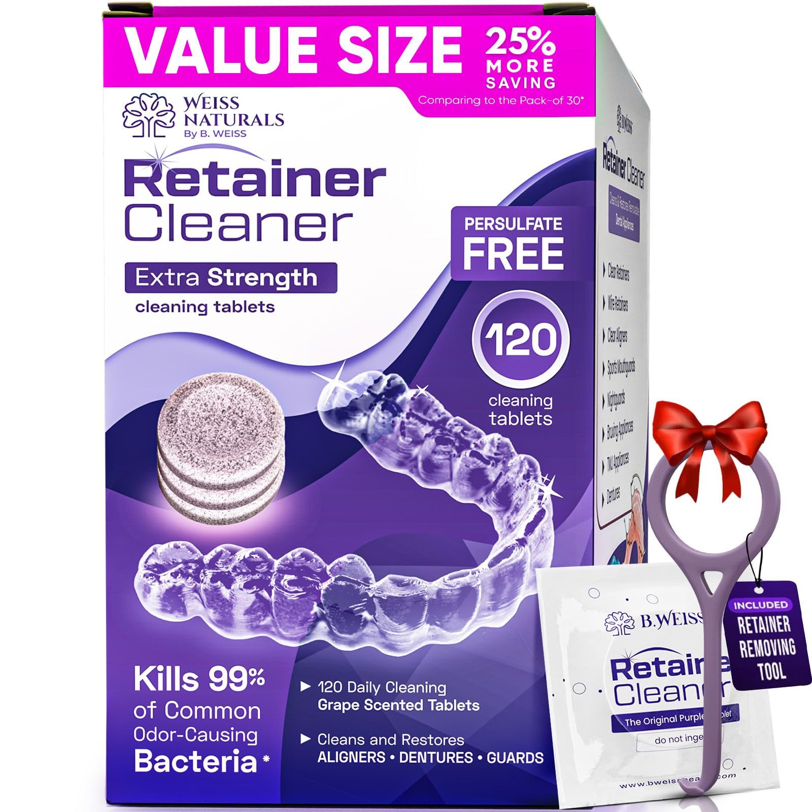 Close-up of Weiss Naturals Retainer Cleaner tablets, grape scent