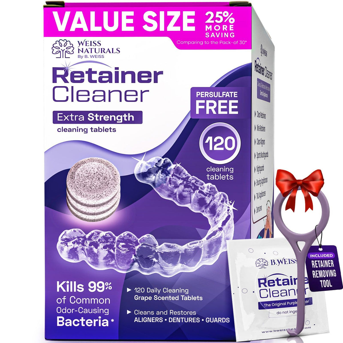 Close-up of Weiss Naturals Retainer Cleaner tablets, grape scent