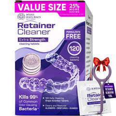 Close-up of Weiss Naturals Retainer Cleaner tablets, grape scent