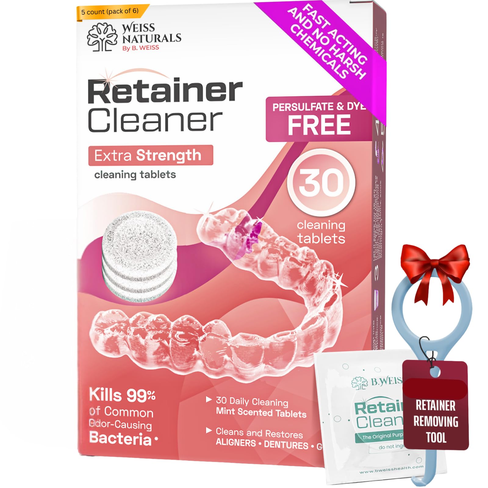 Weiss Naturals Retainer Cleaner Tablets – 30 Mint-Scented, Persulfate Free & Dye-Free, Night Guard & Denture Cleaner