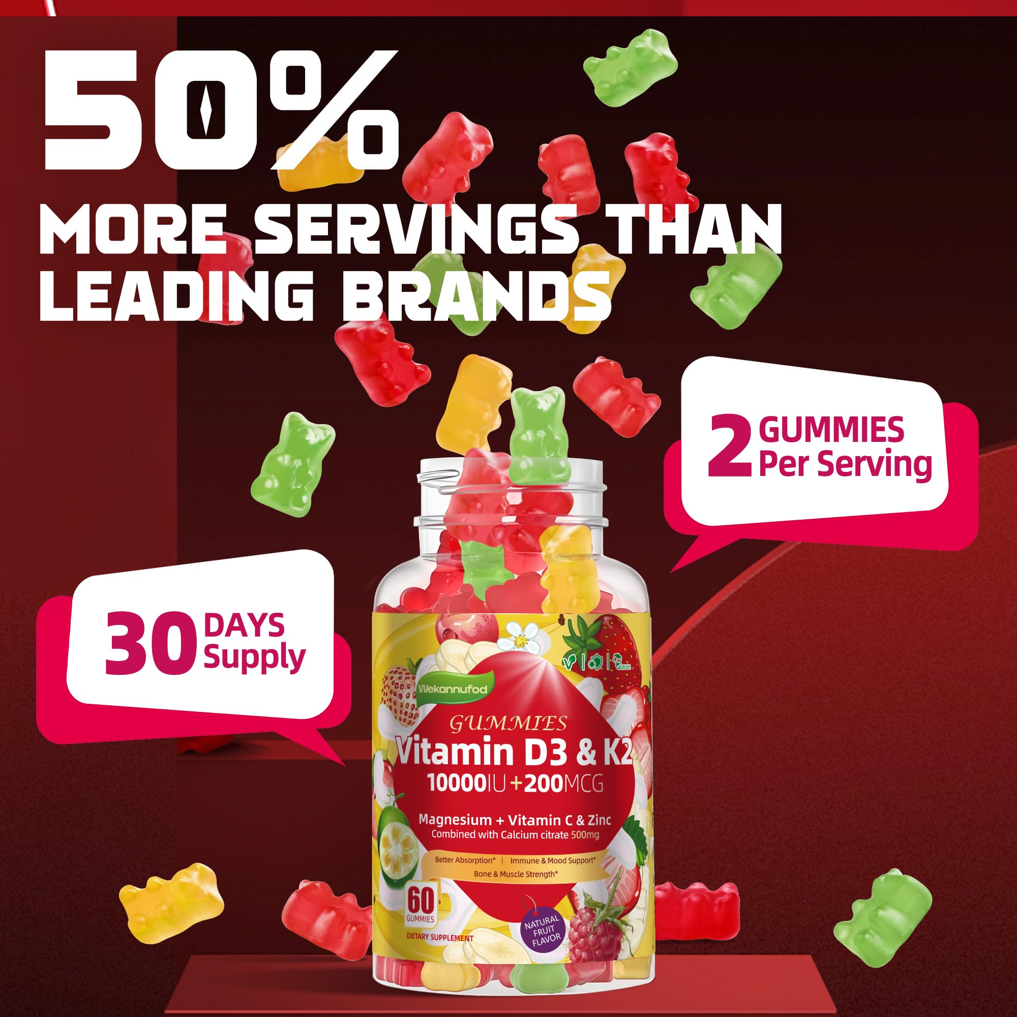 Gummies supporting immunity and energy with D3K2 and zinc