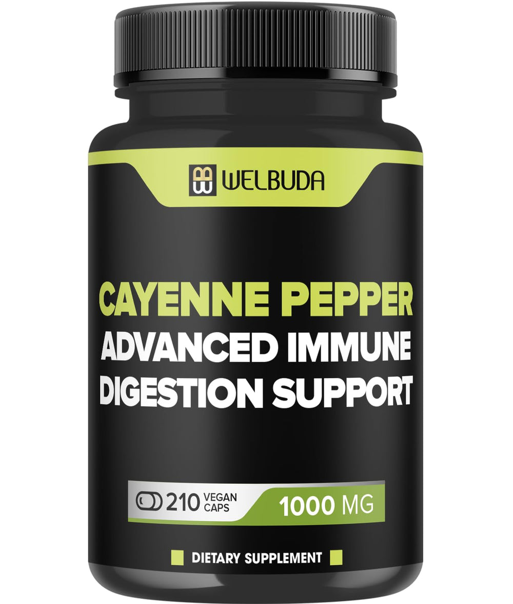Bottle of WELBUDA 210 Cayenne Pepper capsules with label featuring Cayenne 10:1 and Berberine HCI