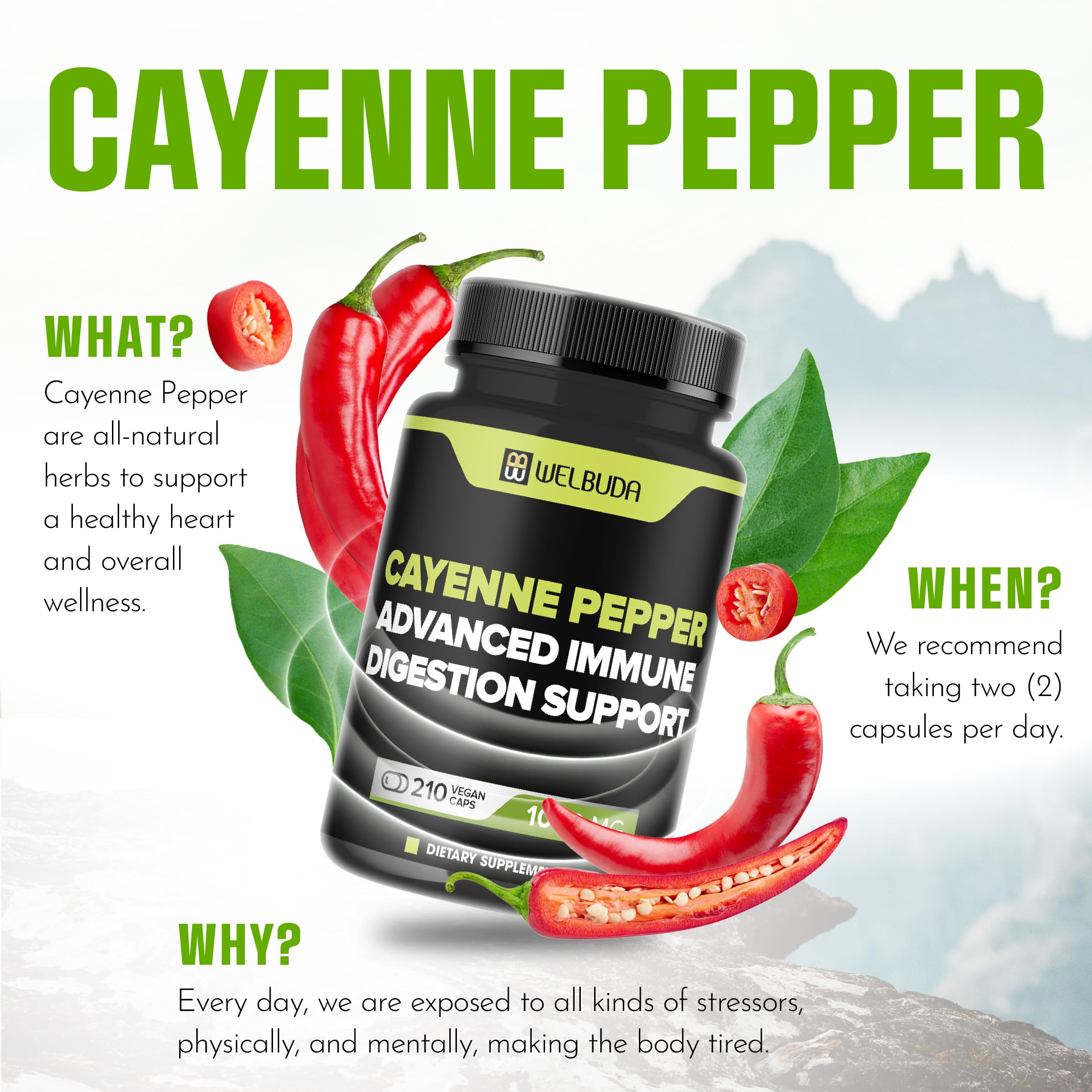 Close-up view of Cayenne Pepper capsules from WELBUDA bottle