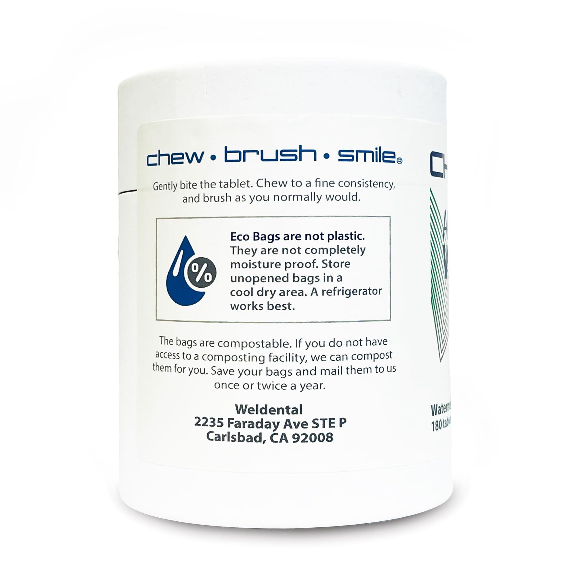 180-count Weldental Chewtab refill package in a cardboard tube